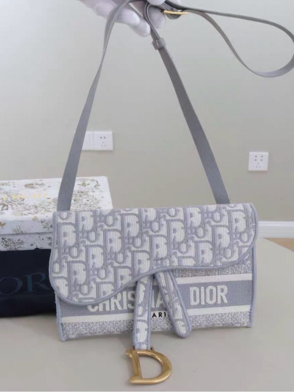 Dior Light Gray Oblique Saddle Shoulder Bag with Gold 'D' Charm